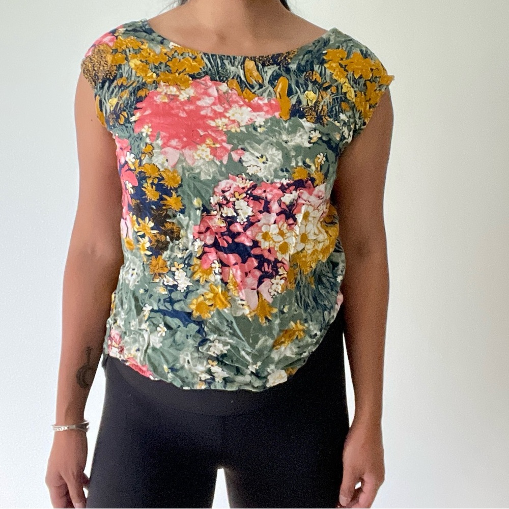 Vintage Y2K High Low Floral Multicolor Cotton V Back Women's Spring Summer Top